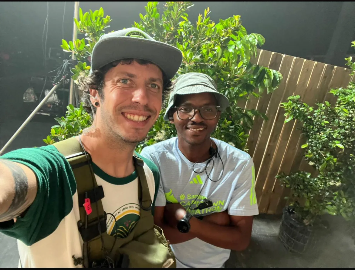 Anton Le Roux-Keck on set with a crew member, wearing a sound-bag chest rig