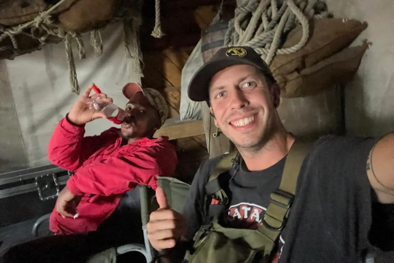 Anton on a pirate-ship set during a night shoot