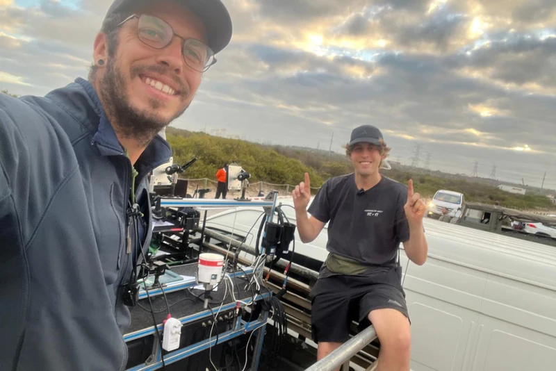 Anton on a tracking-vehicle rig at sunset